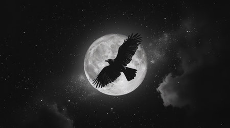 Ethereal scene of a bird silhouette soaring against a luminous full moon, surrounded by stars and clouds. This captivating image evokes mystery and freedom in nature.の素材