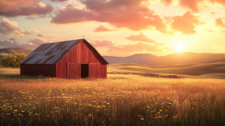 A picturesque sunset casts golden light over a red barn in the countryside, surrounded by fields of wildflowers and rolling hills, creating a serene natural scene.の素材