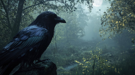 A majestic raven perches on a stone, surrounded by lush forest at night. The full moon casts a mystical glow, enhancing the serene atmosphere and inviting wonder.の素材