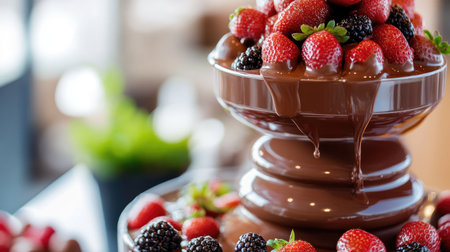 A luxurious chocolate fountain flows with rich chocolate, surrounded by vibrant strawberries and blackberries, creating a delectable dessert centerpiece for any celebration.の素材