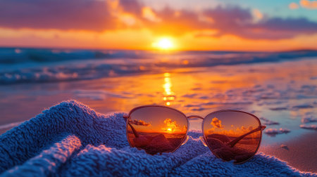 A pair of sunglasses rests on a soft towel, capturing a stunning sunset reflection against the vibrant colors of the ocean, conveying relaxation and beauty.の素材