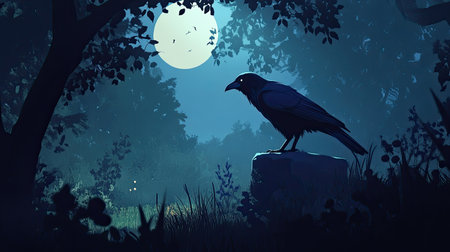 A captivating silhouette of a raven perched on a stone under the soft glow of a full moon in a dark, mystical forest, evoking a sense of serenity and mystery.の素材