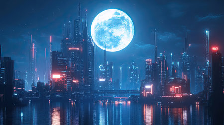 A captivating nighttime cityscape featuring vibrant skyscrapers illuminated by neon lights under a brilliant blue moon, reflecting in the calm water below.の素材