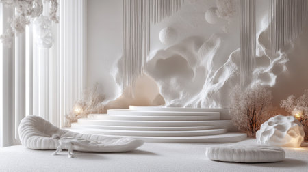 A serene minimalist interior featuring soft white textures, elegant shapes, and warm lighting. This artistic space evokes calmness and creative inspiration.の素材