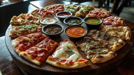A mouthwatering assortment of pizza slices accompanied by various dipping sauces on a wooden platter. Perfect for gatherings or casual dining experiences.の素材