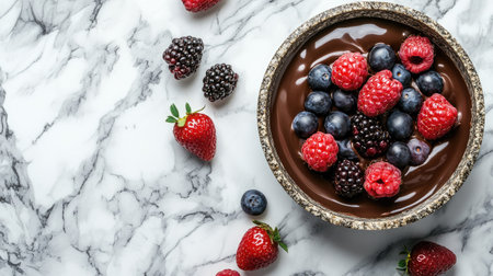 A stunning arrangement of fresh berries including raspberries, blueberries, and strawberries in a chocolate bowl on a marble surface, perfect for healthy indulgence.の素材