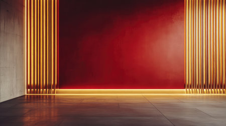 A stunning modern interior featuring a vibrant red wall with warm lighting effects. Ideal for showcasing artistic concepts, dの素材
