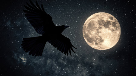 A captivating image of a bird silhouette in flight against a radiant full moon and a star-filled night sky, evoking feelings of freedom and tranquility.の素材