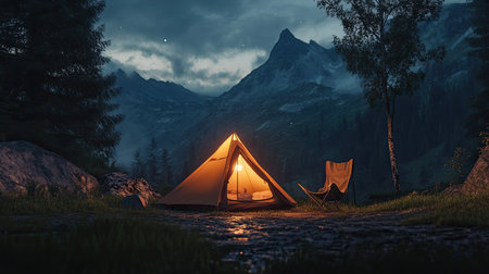 A peaceful nighttime camping scene featuring a glowing tent under a starry sky, surrounded by majestic mountains and trees. Enjoy the serenity of nature.の素材