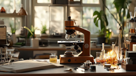 A vintage microscope sits prominently on a laboratory table surrounded by glass beakers and plants, creating a warm and inviting workspace for scientific exploration.の素材