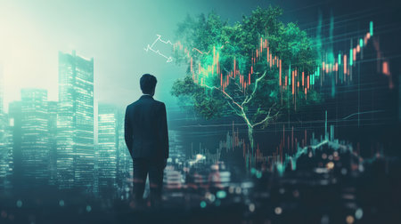 A businessman stands in front of a city skyline, gazing at a blend of nature and financial data. This image symbolizes the harmony between urban growth and environmental consciousness.の素材