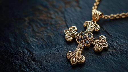 This stunning golden cross pendant rests elegantly on a dark stone surface, showcasing intricate details and a luxurious finish, perfect for spiritual expression or fashion.の素材