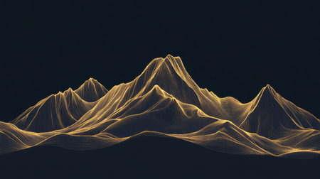Explore an abstract artistic representation of a golden mountain range, featuring smooth wavy lines on a dark background, evoking a sense of serenity and elegance.の素材