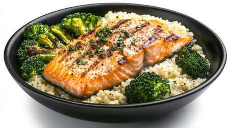 A delicious serving of grilled salmon on a bed of couscous with steamed broccoli. This colorful and nutritious dish is perfect for a healthy dinner option.の素材