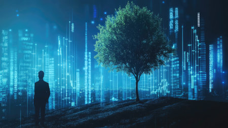 A silhouette of a man stands beside a tree in a futuristic digital landscape, showcasing a blend of nature and technology with vibrant blue data visualization elements.の素材