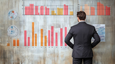 A businessman stands confidently, analyzing data charts and graphs on a textured wall in a modern office environment, reflecting his focus on growth and performance.の素材