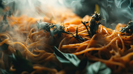 Indulge in this captivating close-up of a steaming pasta dish adorned with fresh herbs. The rich aroma promises a delightful culinary experience perfect for any meal.の素材