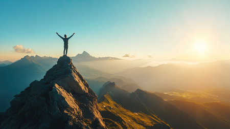 A person stands triumphantly atop a mountain peak at sunrise, embracing nature's beauty. This image captures a moment of joy and achievement, inviting exploration and adventure.の素材