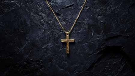 A stunning gold cross pendant necklace displayed on a dark textured surface, emphasizing its elegance and reflecting faith, style, and craftsmanship.の素材