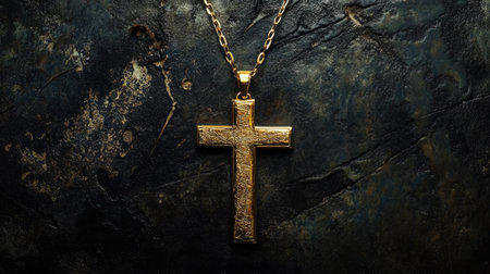 A stunning golden cross pendant elegantly suspended against a dark textured backdrop, perfect for illustrating themes of faith, spirituality, and style in jewelry.の素材