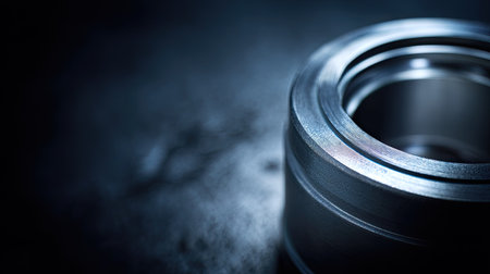 This close-up image showcases a precision metal bearing resting on a dark surface. The intricate details emphasize the quality of engineering and design in mechanical components.の素材