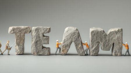 Miniature figures work together to form the word "TEAM" with stone letters, symbolizing collaboration, unity, and the power of teamwork in achieving goals.の素材