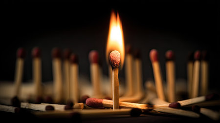 A striking image of a lit match igniting, surrounded by unlit matches. The photo captures the contrast of fire and darkness, emphasizing safety and warmth.の素材