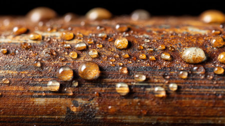 This close-up image captures the intricate details of water droplets on a wooden surface. The natural textures and reflections create a stunning visual display.の素材