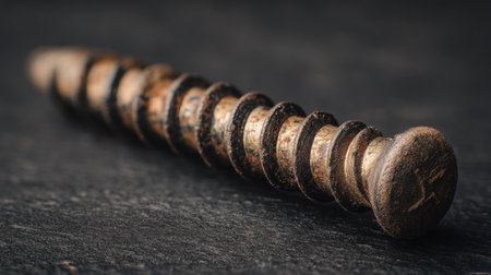 This close-up shot showcases a rusty screw resting on a dark slate surface, highlighting its intricate texture and vintage charm. Ideal for industrial-themed projects.の素材