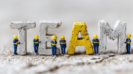 Miniature construction workers support concrete letters to create the word "team," symbolizing collaboration and unity in a creative and engaging way.の素材