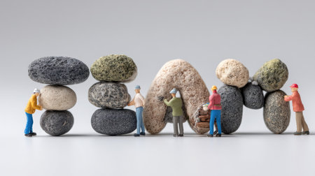 A whimsical scene featuring miniature figures collaboratively constructing stone structures, showcasing creativity and teamwork in a playful arrangement.の素材