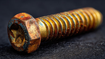 A closeup of a rusty metal screw showcasing intricate details and textures, perfect for illustrating themes of industrial decay, repair, and craftsmanship in various settings.の素材