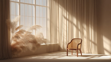 A serene minimalist interior showcasing a stylish chair bathed in natural light, complemented by soft curtains and decorative plants, creating a warm and inviting atmosphere.の素材