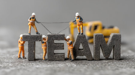 A creative depiction of miniature workers assembling the word "TEAM" using construction tools, symbolizing teamwork, cooperation, and unity in a work environment.の素材