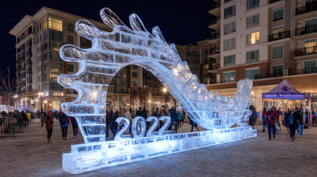 Stunning ice sculpture of a shoe featuring the year 2022, illuminated against a nighttime backdrop. Emphasizes winter festivities and artistic expression.の素材