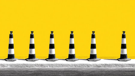 A striking visual of traffic cones arranged in a line against a vivid yellow wall. This image captures urban safety concepts, bold colors, and minimalistic design.の素材