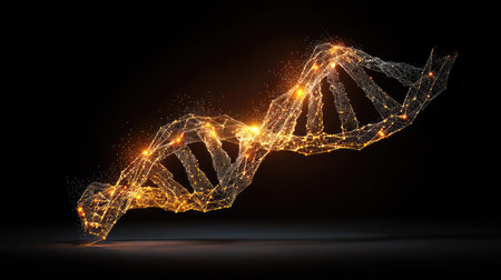 Futuristic representation of a glowing DNA strand showcasing intricate detail, symbolizing genetic research and scientific innovation in a dark environment.の素材