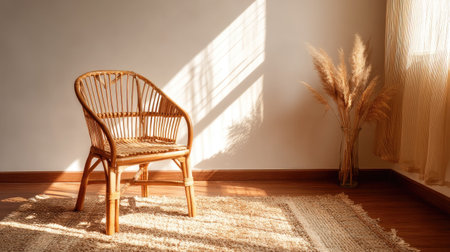 A warm and inviting rattan chair sits in a minimalist room, basking in natural light. This serene setting features soft shadows, enhancing the cozy atmosphere perfect for relaxation.の素材
