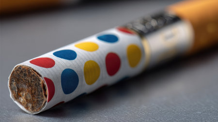 A vibrant and artistic close-up of a colorful polka dot cigar resting on a gray surface. This unique design showcases creativity and style, ideal for thematic projects.の素材
