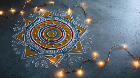 A vibrant rangoli design adorns a concrete surface, surrounded by glowing fairy lights. This artistic display captures the essence of festive celebrations and cultural traditions.の素材