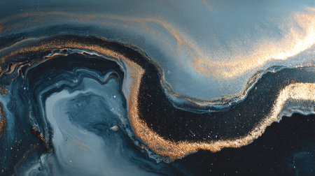 This mesmerizing abstract artwork features a blend of blue and gold hues, creating a smooth, flowing texture. Ideal for modern decor and designs.の素材