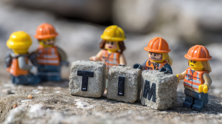 A creative scene featuring toy construction workers arranging blocks that display the name "Tim." This playful setup captures teamwork and creativity in a construction theme.の素材