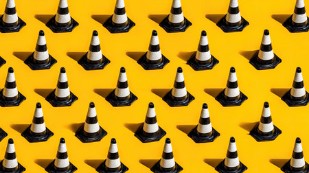 A striking image featuring a repetitive pattern of traffic cones arranged on a bright yellow surface, creating a unique visual effect ideal for creative projects.の素材