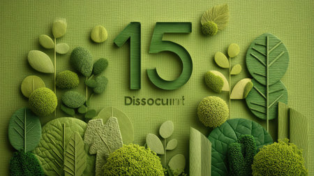 A vibrant green nature-themed background showcasing a discount concept featuring lush leaves, plants, and an artistic arrangement of textures that convey freshness.の素材
