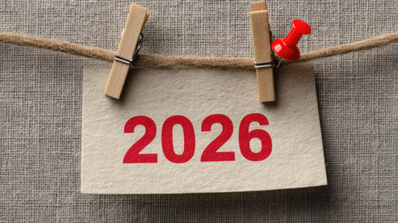 A rustic reminder for the year 2026, featuring a simple note hanging with a clothespin, ideal for use in planning, scheduling, and creative decoration.の素材