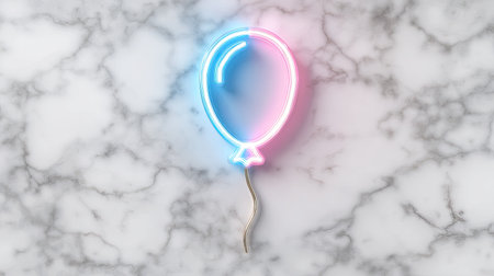 A charming neon balloon design in blue and pink, set against a textured marble background. Ideal for festive themes and celebrations, this image radiates joy and creativity.の素材