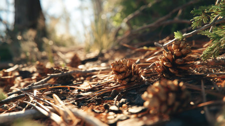 A close-up view of pine cones and pine needles on the forest floor, illuminated by soft sunlight. This serene scene captures the beauty of nature.の素材