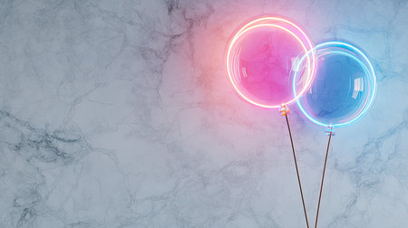 Bright neon pink and blue balloons create a festive atmosphere against a stylish marble background, perfect for celebrations and promotional material.の素材
