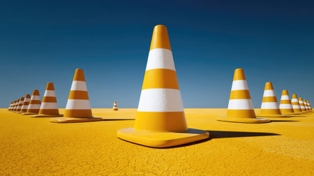 A striking image of yellow traffic cones set against a vibrant yellow surface and a blue sky, showcasing a unique geometric arrangement for safety.の素材
