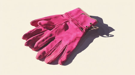 A pair of vibrant pink gloves rests on a soft light background, casting a subtle shadow. These stylish accessories are perfect for adding a pop of color to any outfit.の素材